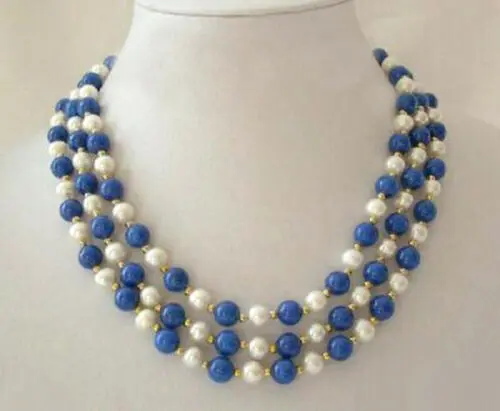 

3 Rows 7-8mm Real White Pearl Lapis Lazuli Clasp Women Girl Party Necklace