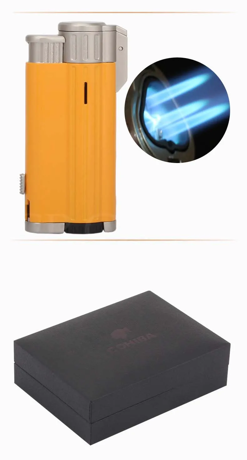 COHIBA карманные зажигалки для сигар 3 струйный фонарь ветрозащитная зажигалка бутан металлическая портативная Зажигалка для прикуривателя многоразовая W/Подарочная коробка