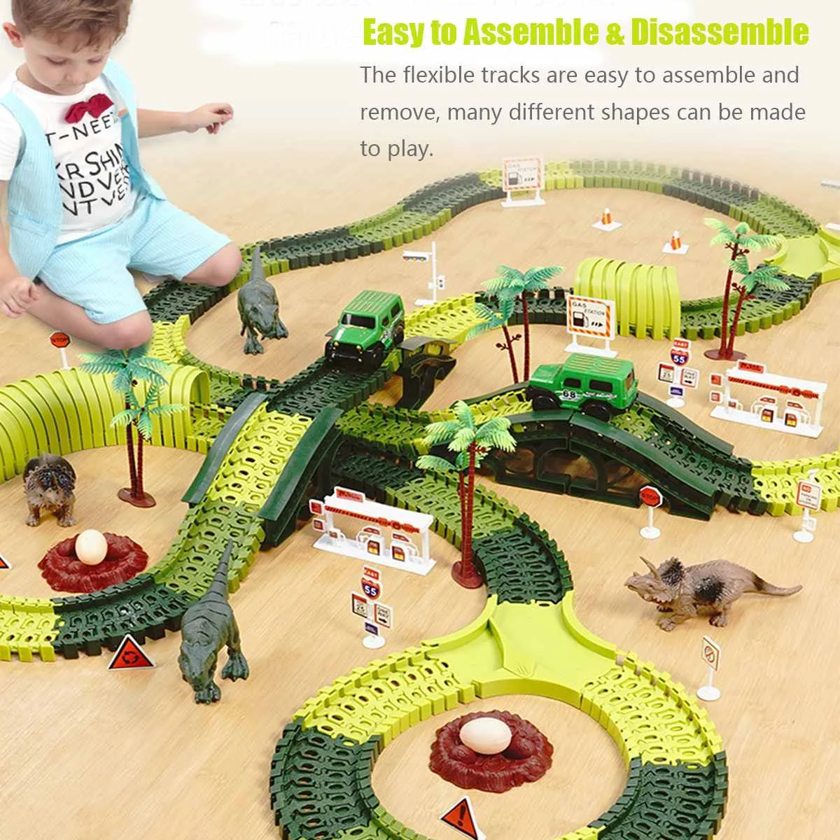 

264pcs/set Children Toy Dinosaur Electric Rail Car DIY Changeable Assembled Building Block Tracks Over Dinosaur Hill Toy Gift