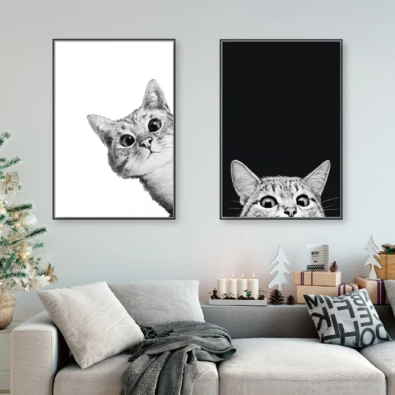 

Nordic Style Black and White Lovely Cat Canvas Poster Wall Art Pictures Prints for Bedroom Decor No Frame