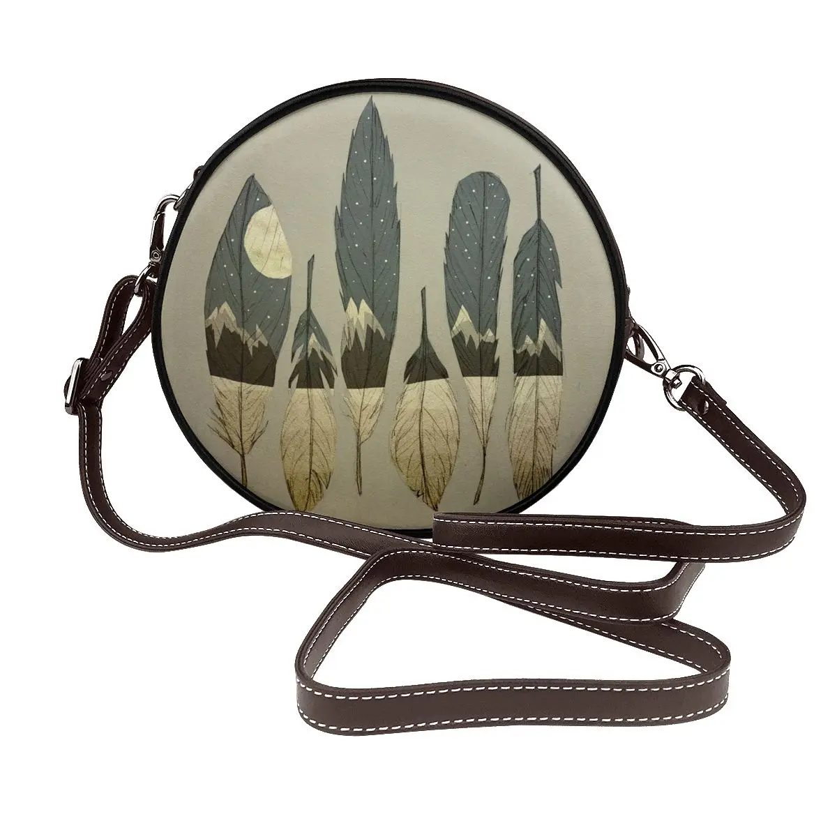 

The Birds Of Winter Bohemian Shoulder Bag Forest Leaf Moon Retro Leather Streetwear Round Bag Woman Fashion Purse