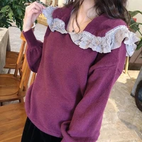 korean kawaii knitted women sweaters and pullovers loose sweet cut back lace baby collar women long sleeves ladies sweater new