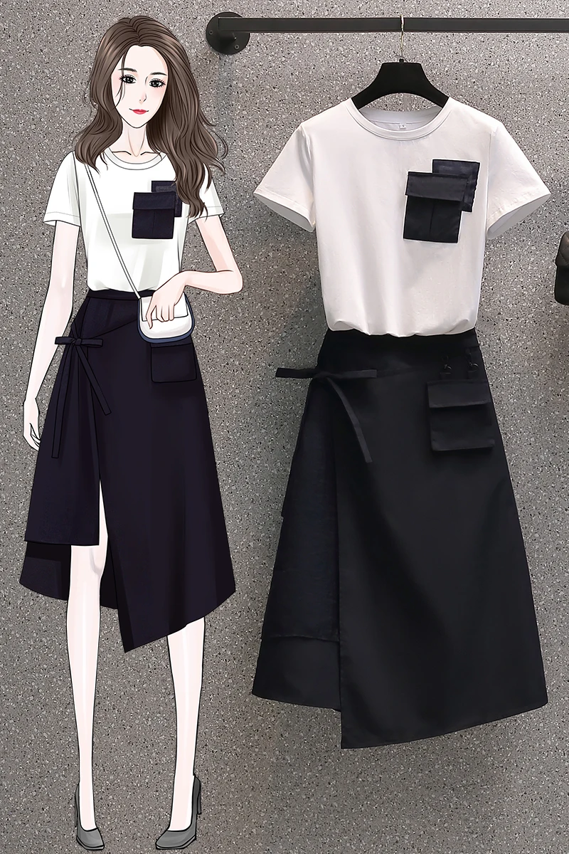 

Plus Size Women 2 Piece Set Fashion Casual Short Sleeve T-Shirt Tops + Black High Waist A-Line Skirt Suits 2021 Summer New