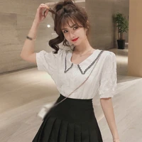 sweet peter pan collar chiffon blouse korean fashion contrast color short sleeve blouses top womens shirt