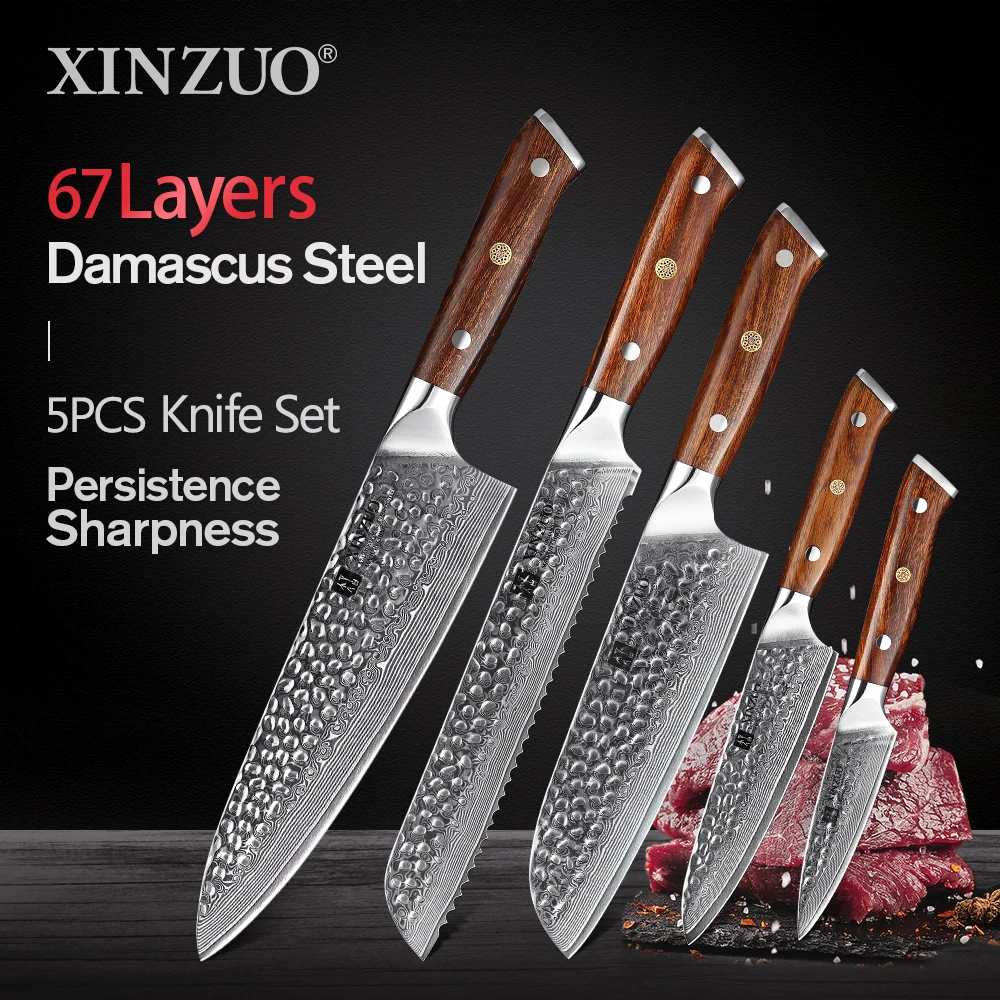 XINZUO-Juego de cuchillos Santoku de acero damasco, utensilios de cocina para Chef, con mango de madera de hierro del desierto de Am&eacute;rica del Norte, 5 unidades-0