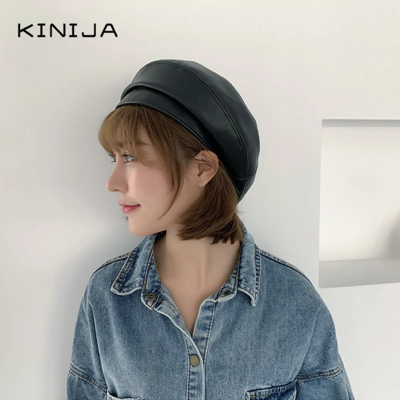 Модный плоский берет кепка для женщин повседневная шапка из искусственной кожи