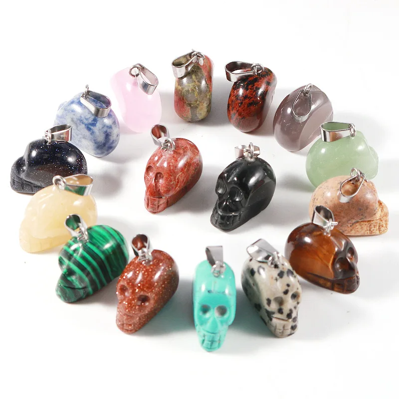 

2pcs Natural Stone Quartz Crystal Turquoises Opal Tiger Eye Skull Pendant Pendulum For Necklaces Jewelry Finding Accessories