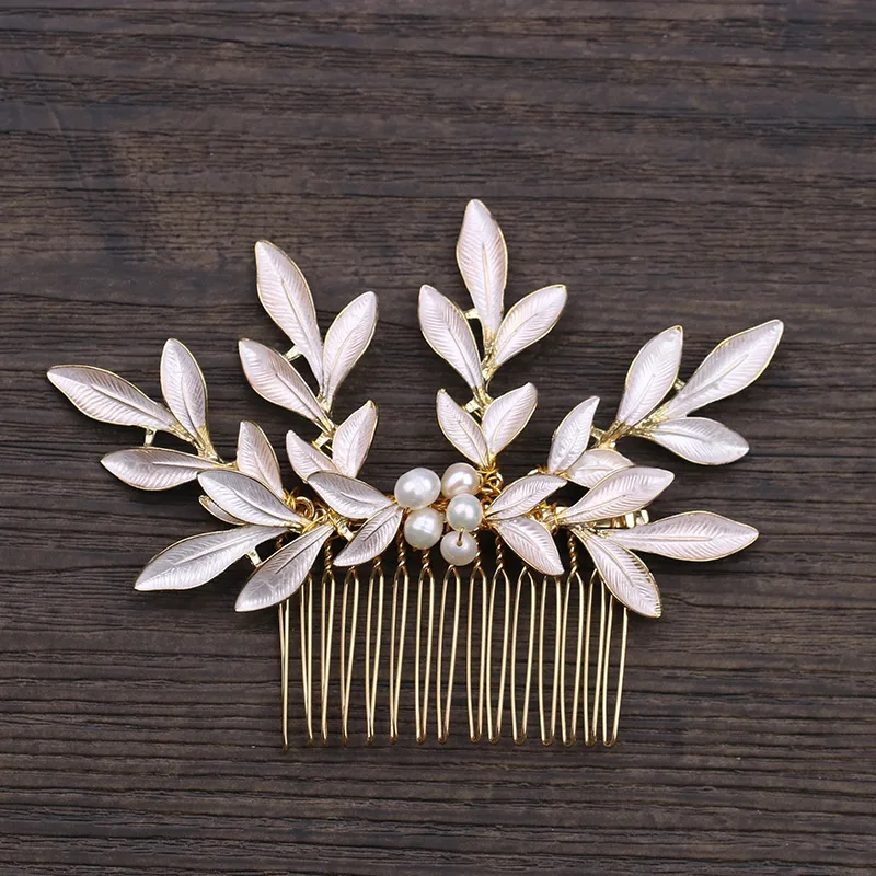 Alloy leaf shape insert comb freshwater pearl hair wedding dress accessories photo studio retro shooting bridal | Свадьбы и