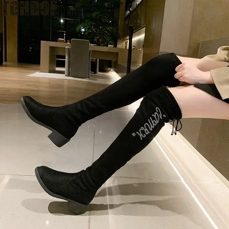 TGHDOF Women's Boots Spring And Autumn Fashion New High Quality High Boots Rhinestone Ring Decoration Round Head Solid Color