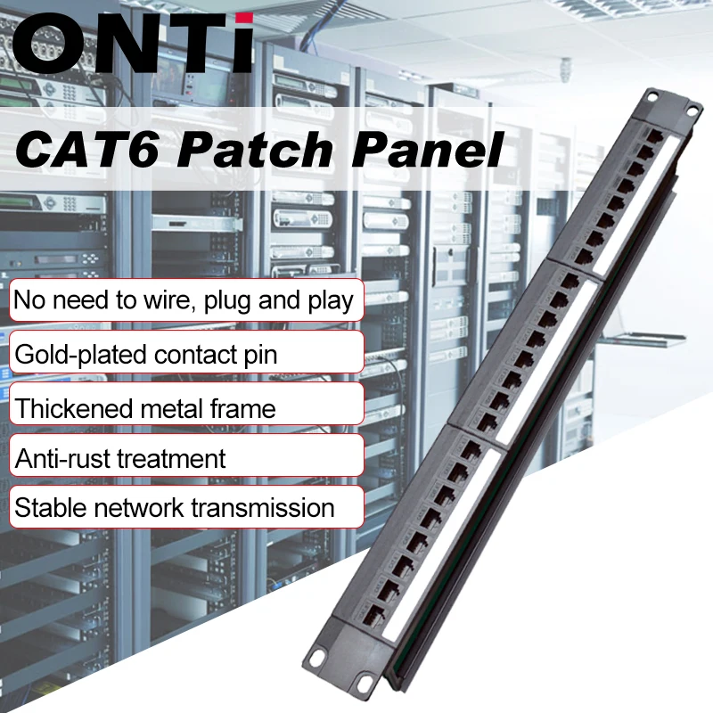 ONTi 19in 1U Rack 24 Port Straight-through CAT6 Patch Panel RJ45 Network Cable Adapter Keystone Jack Ethernet Distribution Frame