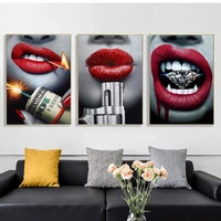 blood red lipstick sexy lip with gun and money canvas painting fashion poster and prints wall picture for living room home decor