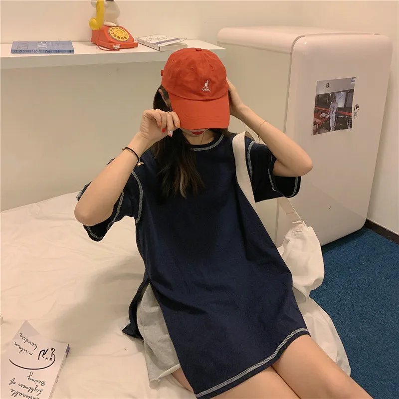 

Summer Vintage Basic Cropped Solid Color Topstitch Decoration Split Women's Short-Sleeved t-Shirt Oversize Harajuku e Girl Top20