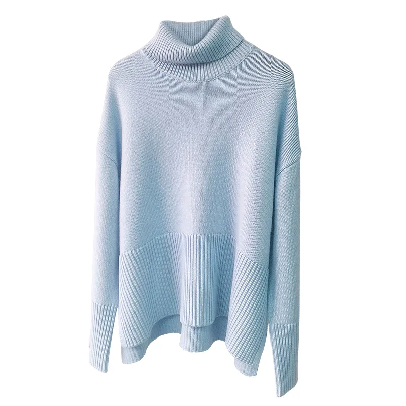 Women Sweater 2021 Fall/Winter High Neck Cashmere Blend Loose Slit with Hem |