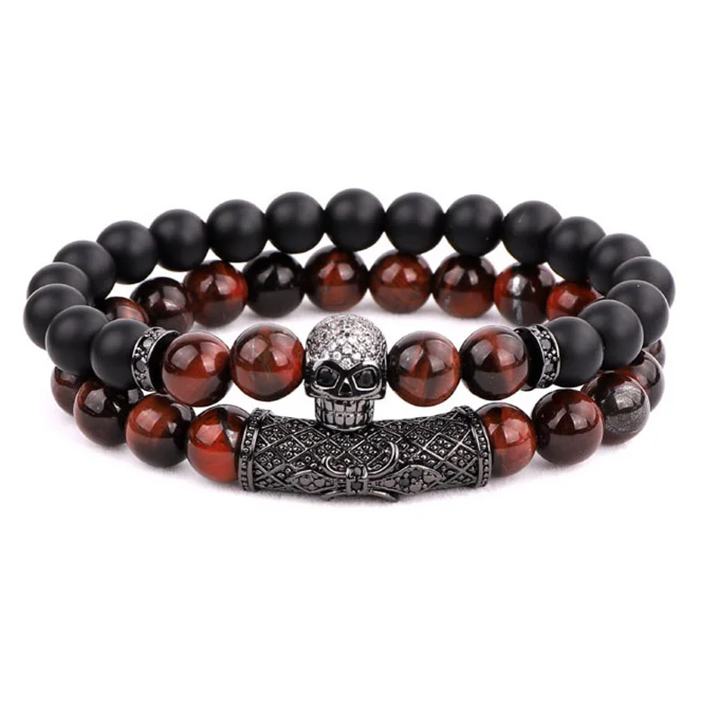 Высокое качество 2 шт набор натуральный камень тигровый глаз бусины CZ Череп Шарм