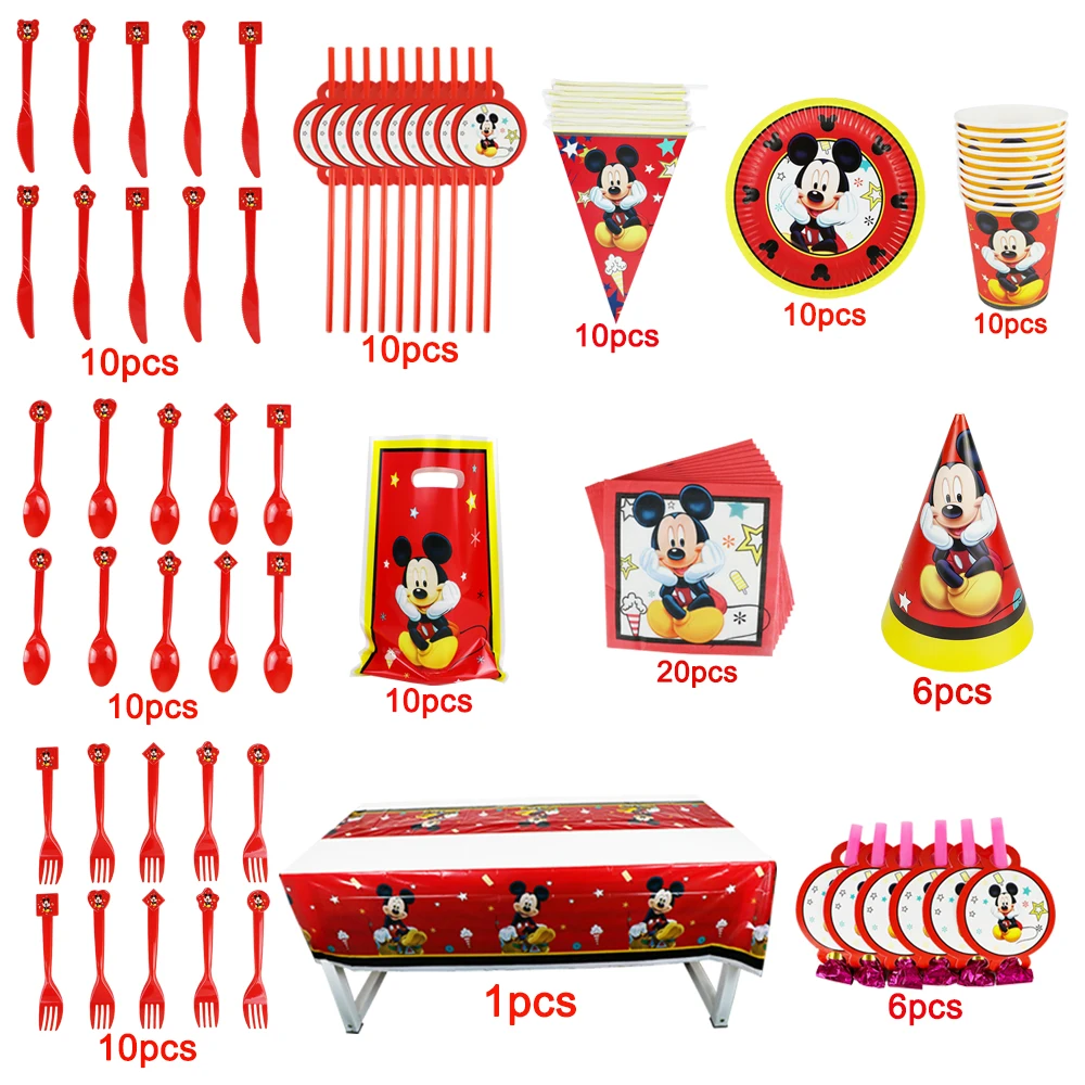 

Red Theme Mickey Mouse Decoration Birthday Boys Plate Cup Napkin Straws Spoon Tablecloth Baby Shower Party Supplies Hot Sale