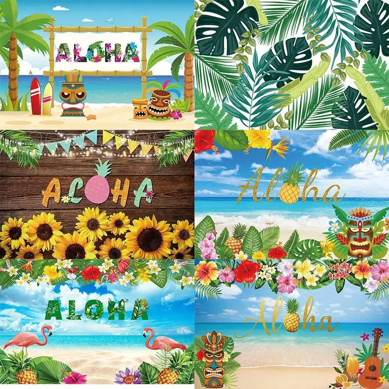 

Aloha Photo Backdrop Luau Beach Happy Birthday Party Flower Pool Decoration Tropical Photography Backgrounds Banner