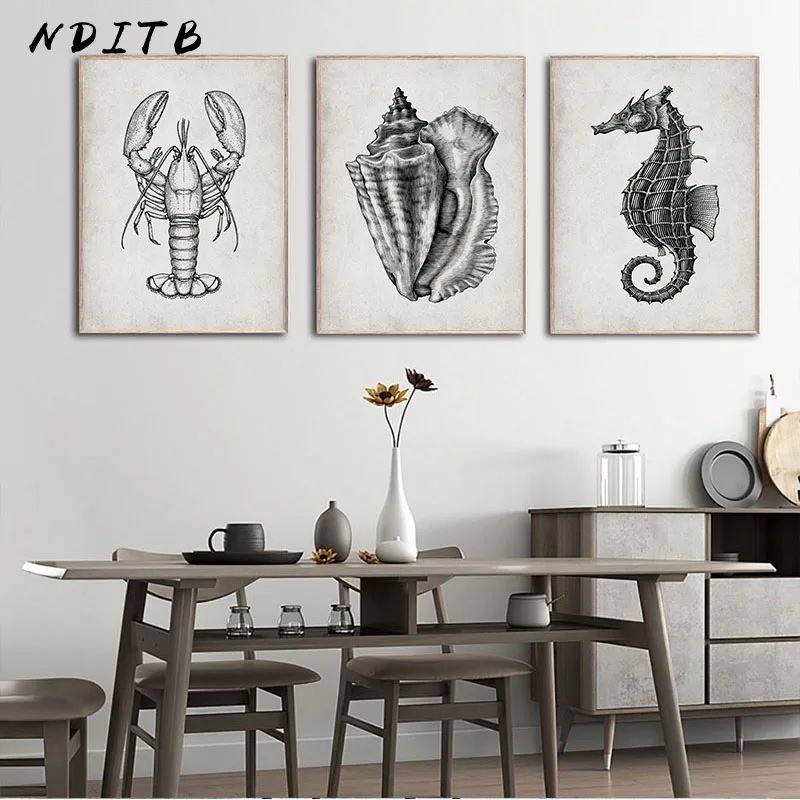 Винтажная картина с морскими животными морские коньки креветки ракушки холст