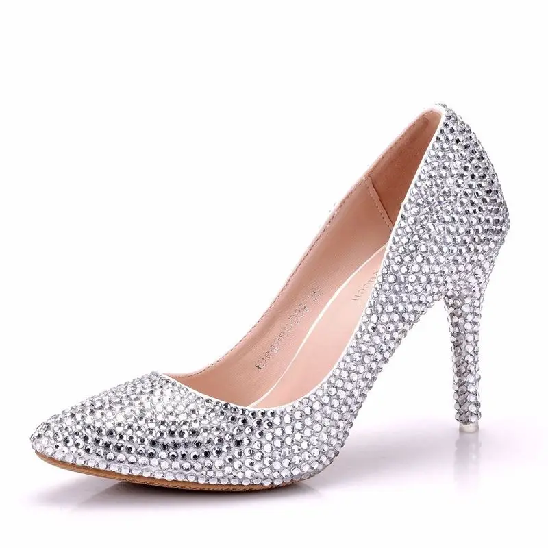 Sexy Pumps Wedding Women Fetish Shoes women pumps Party banquet PU Rhinestones Slip On 9.5CM Thin High Heels Pointed Toe