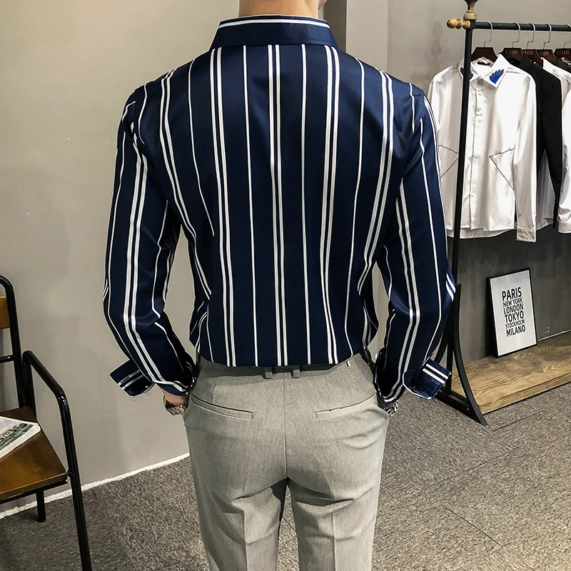 

Loldeal Men Shirt New Slim Striped Long Sleeve British Style Business Casual