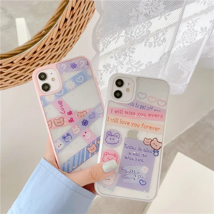

Color tape post card Phone case For iPhone 11 Pro Max kawaii case Cute animal bear cover for iPhone XS XR X 7 8 Plus 7Plus Case