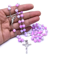 1pc gradient purple religious rosary round beads cross virgin mary fashion pendant necklace for women