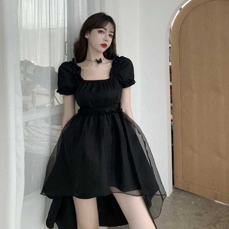 

Gothic Women'S Square Collar Short Sleeve Elegant Ladies Dresses Short Front Long Back Dress Retro Party French Vintage Vestidos
