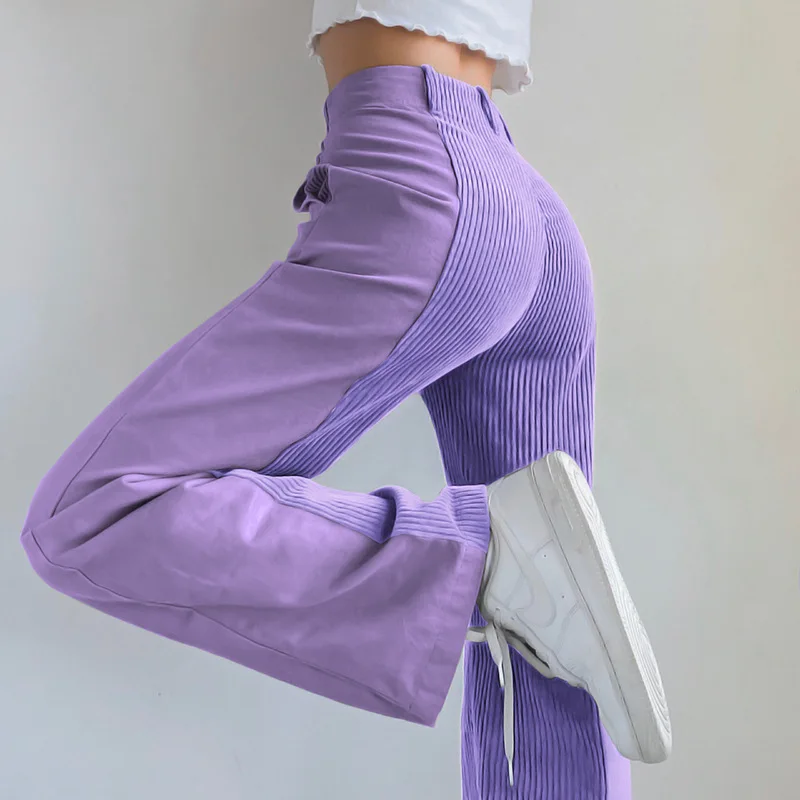 

High Waist Spliced Vintage Pants Colorblock Corduroy Straight Pants for Women Streetwear Women Bottoms Pants Autumn 2021