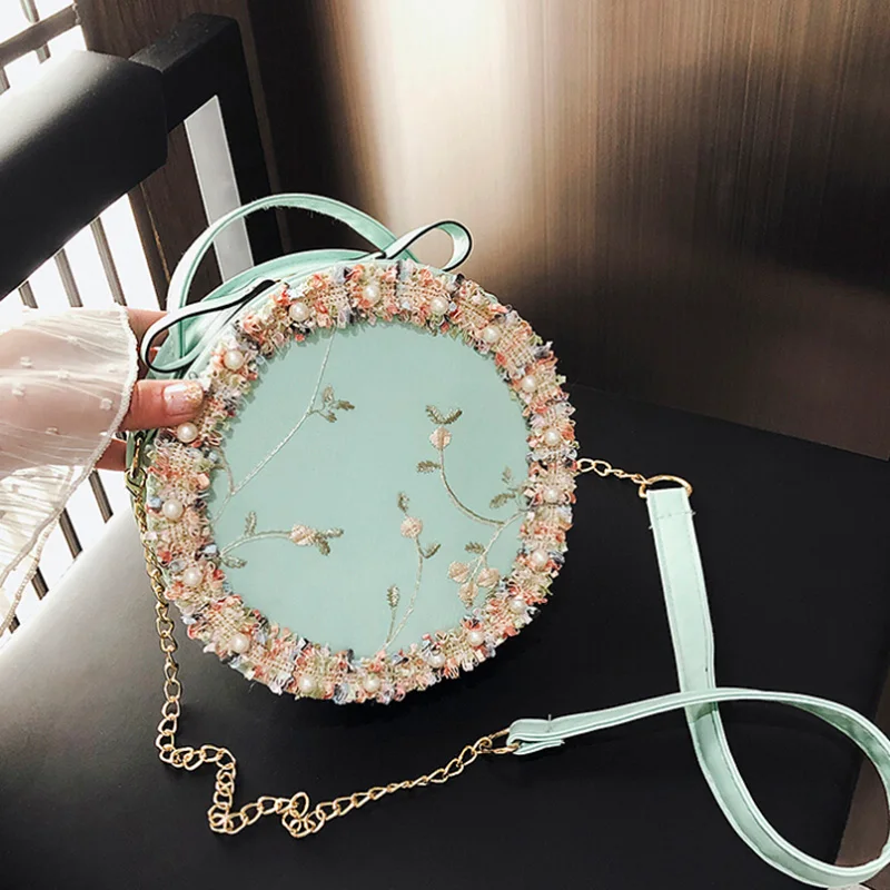 

Women Girls Round Sling Chain Bag Pearl Floral Shoulder Handbag Crossbody Bags