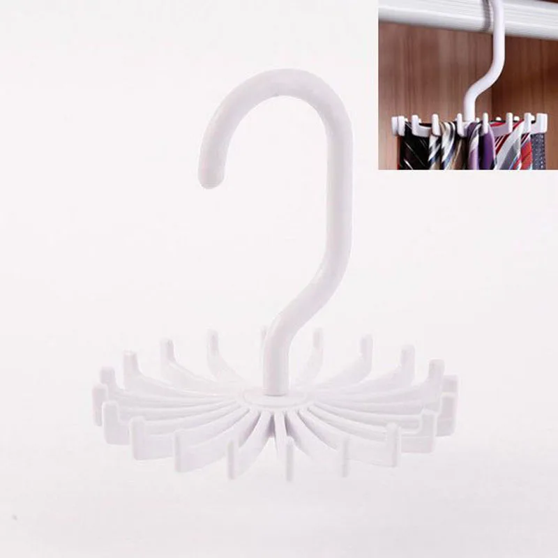 

Mini Plastic Tie Rack 20 Ties/Belts/Scarves Holds Hanger Rotating Hook White Tie Holder Storage Racks Laundry Organizer