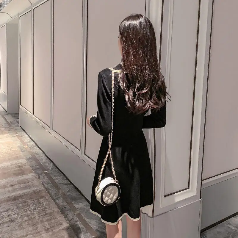 

2021 spring and autumn new female ice silk POLO lapel knitted dress double breasted high waist casual mid-length female skirt