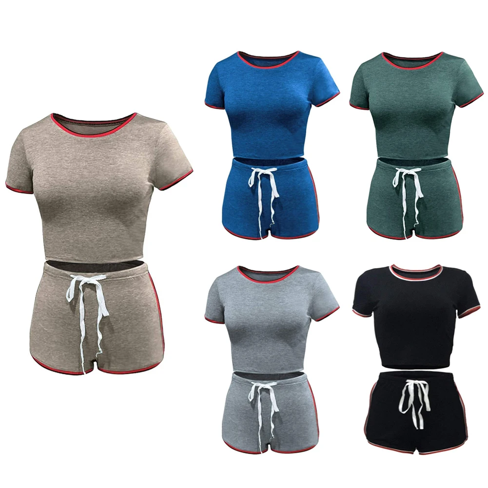

2020 New Lady Summer Split-style Sports Suit Casual Round Neck Pullover Top Bandage Shorts Home Clothes Suit
