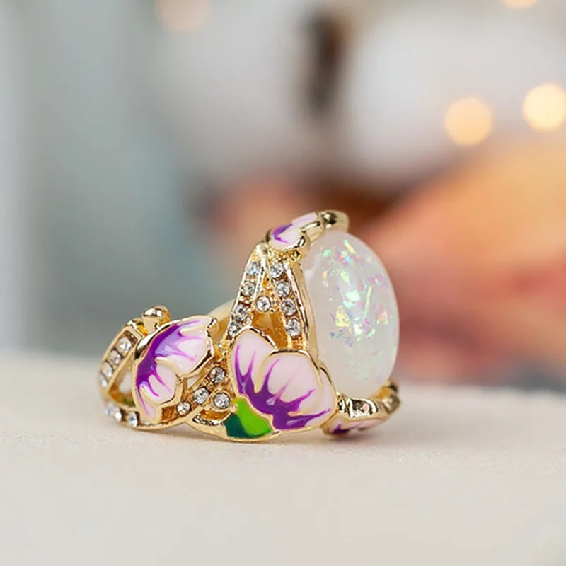 Delicate Fashion Gold Filling Floral Ring Lavender Fuchsia Lotus Enamel Oval Cut Fire Stone Bridal Engagement Rings for Women |