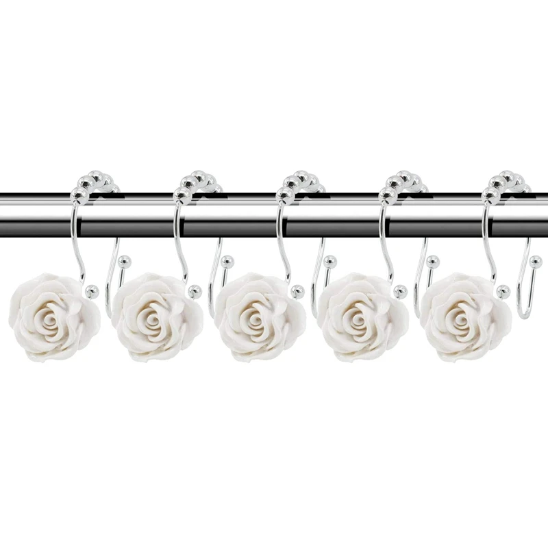 

12Pcs Shower Curtain Hooks Double Sliding Rings Made Of Stainless Steel Ring with Rose Resin Bathroom Shower Rods
