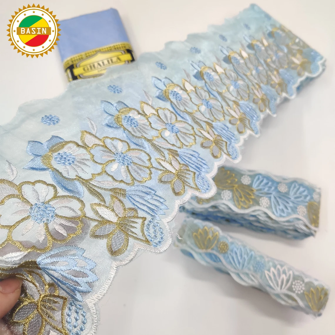 

Yellow 2021 Latest Style Bazin Riche Fabric With Guipure Lace Ribbon For Crafts African Daily Sewing Dresses Lace Accessories