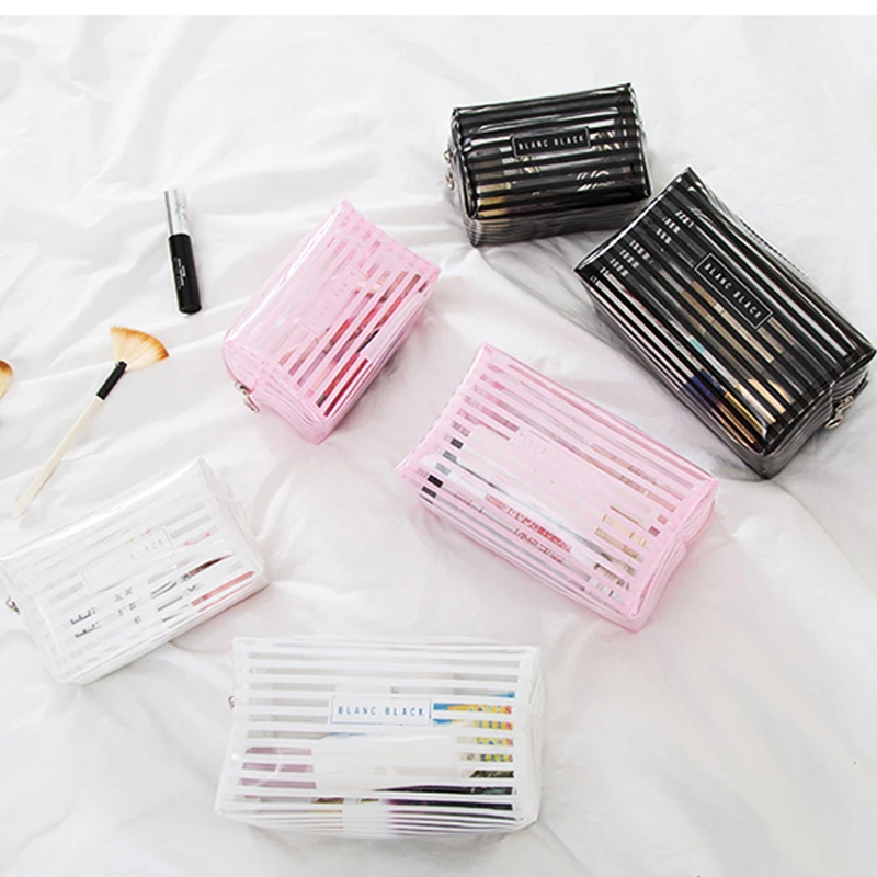 

Portable Waterproof Transparent Makeup Bag Fashion Striped Zipper Cosmetic Organizer Women Travel Toiletry Bag