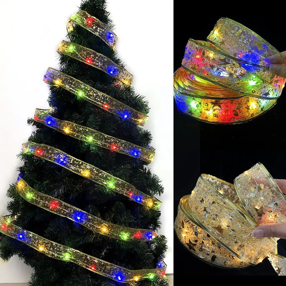

5m LED 5M Double Layer Fairy Lights Strings Christmas Year Home New Christmas Bows With Ornaments LED Decor Ribbon Tree C4W2