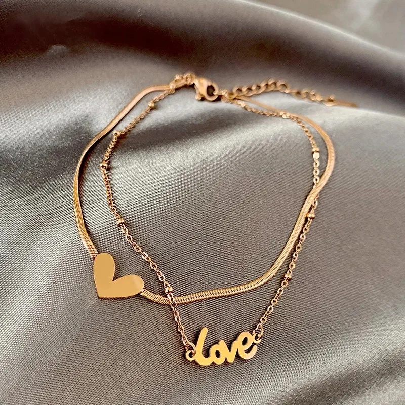 

Classic Love Letter Heart-Shaped Double-Layer Titanium Steel Anklets For Woman 2021 Korean Fashion Jewelry Does Not Fade Anklet
