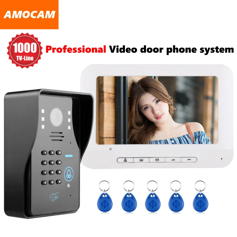 

7" Monitor 1000TVL Door Camera Video door phone System Video Intercom Doorbell kit support Password / ID Rfid Keyfobs Unlock