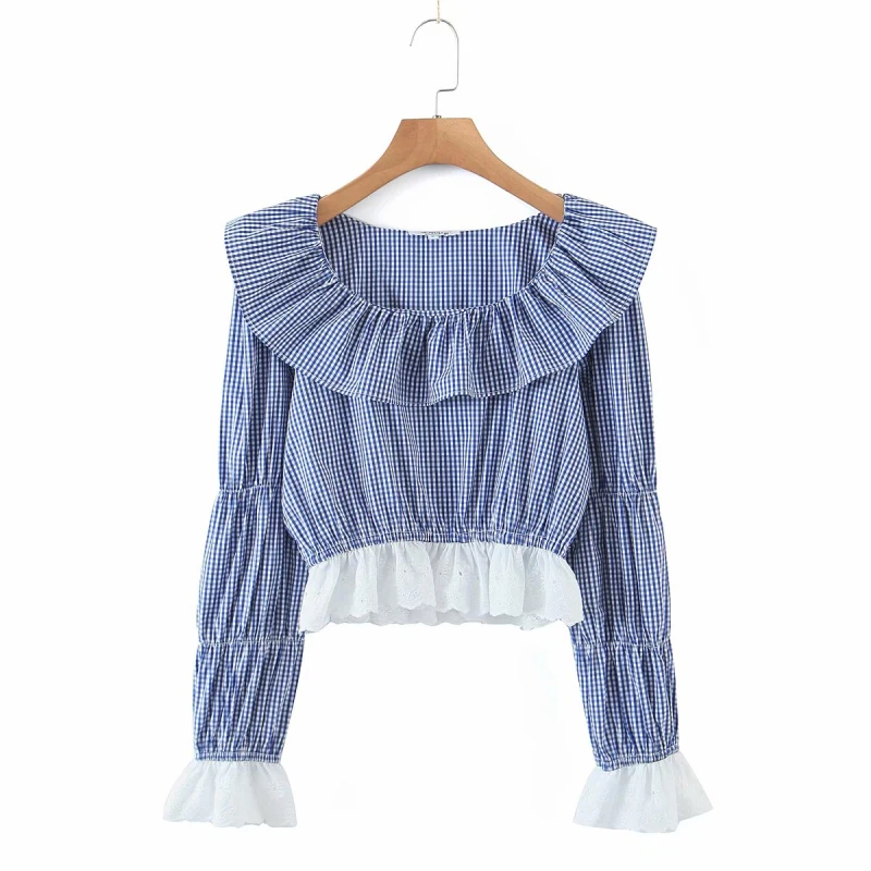 

PUWD Casual Woman Slim Plaid Ruffles Patchwork Cotton Blouses 2021 Spring Fashion Ladies Puff Sleeve Tops Girls Sweet Pullover