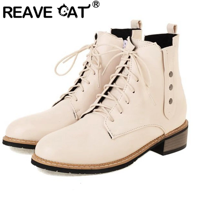 

REAVE CAT Ankle Boots Lady Round Toe Block Heels Zipper Lace-up Buckle Plus Size 32-47 Mix Color Black Beige Brown Winter S2700