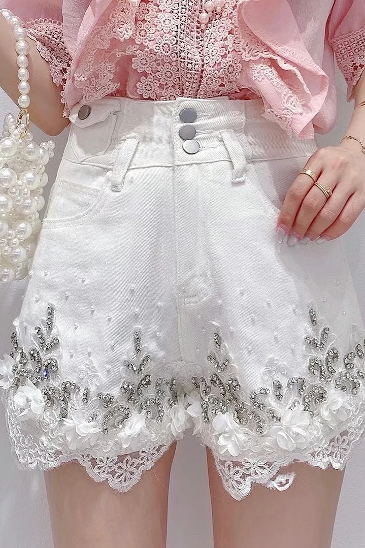 

White Denim Shorts Women's Clothing 2021 Summer High Waist Slimming Beaded Jeans Female Elegant Wide Leg Hot Pants