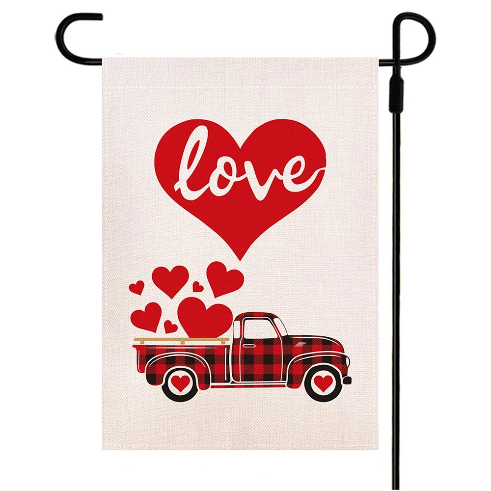 

Garden Flag for Valentine's Day Double Sided Buffalo Plaid Red Truck with Love Heart Burlap Yard Flag 12.5 x 18 Inch K88