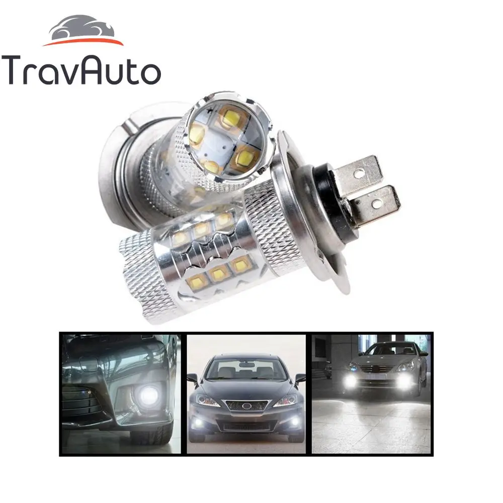 

2 шт., Автомобильные светодиодные лампы H7, 80 Вт, 16SMD, 12-24 В, 6000 К