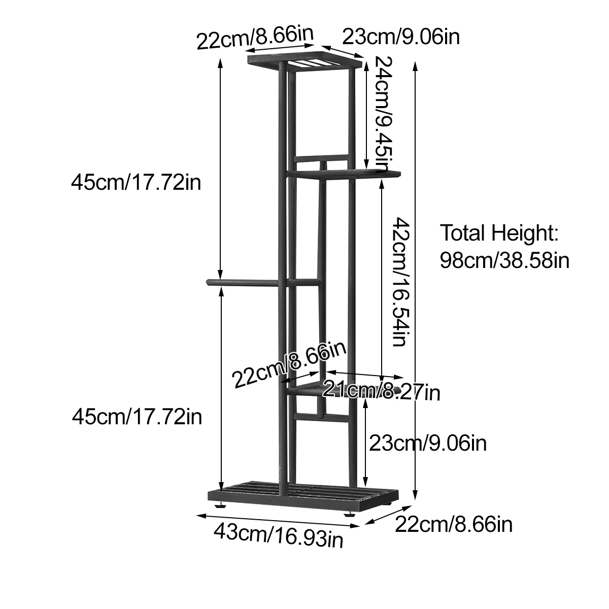 

5 Tiers Iron Wooden Bookshelf Plant Rack Display Shelves Home Indoor Outdoor Yard Garden Patio Balcony Flower Stands 43x22x98cm