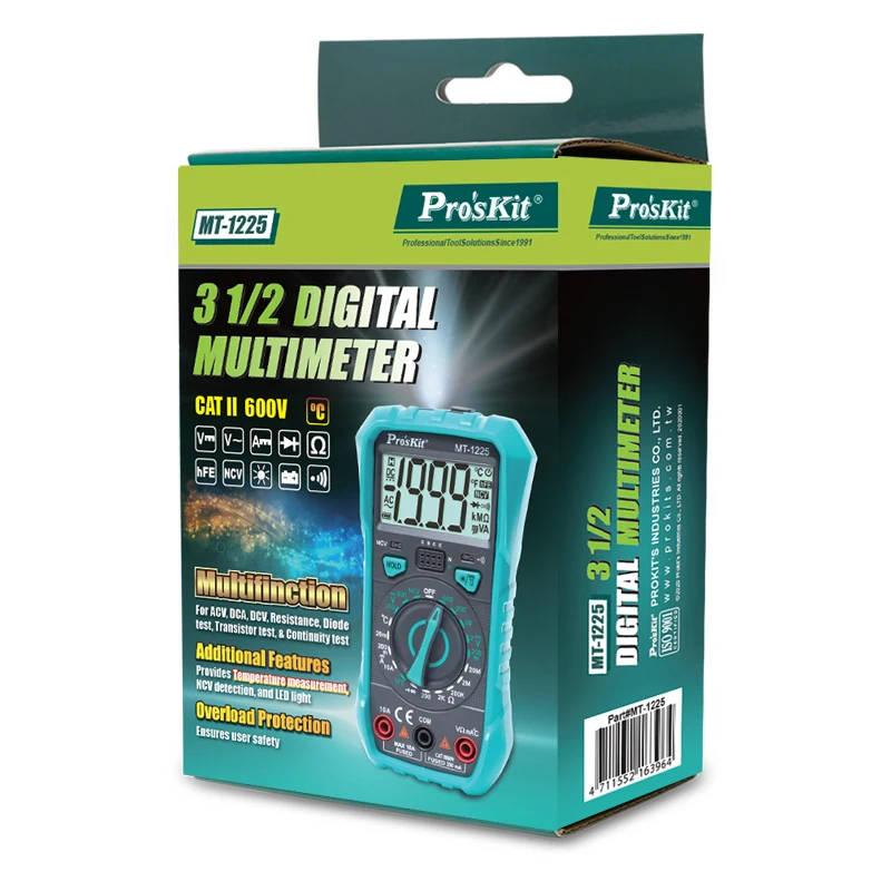 

Pro'sKit MT-1225-C Multimeter 3-1/2 Multifunctional Burn-Proof Digital Tester For ACV DCA DCV Resistance Diode Continuity Test