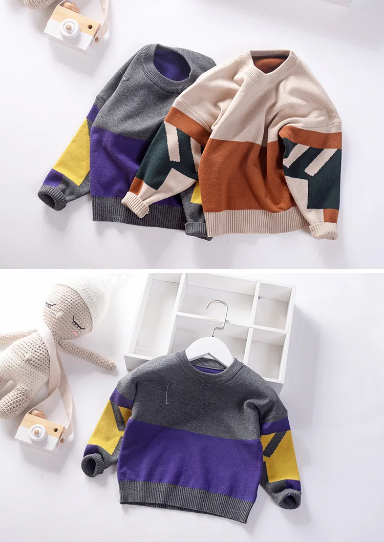 cotton spliced color boys sweaters warm kids winter knitted wear elegant pullover children's clothing winter fall