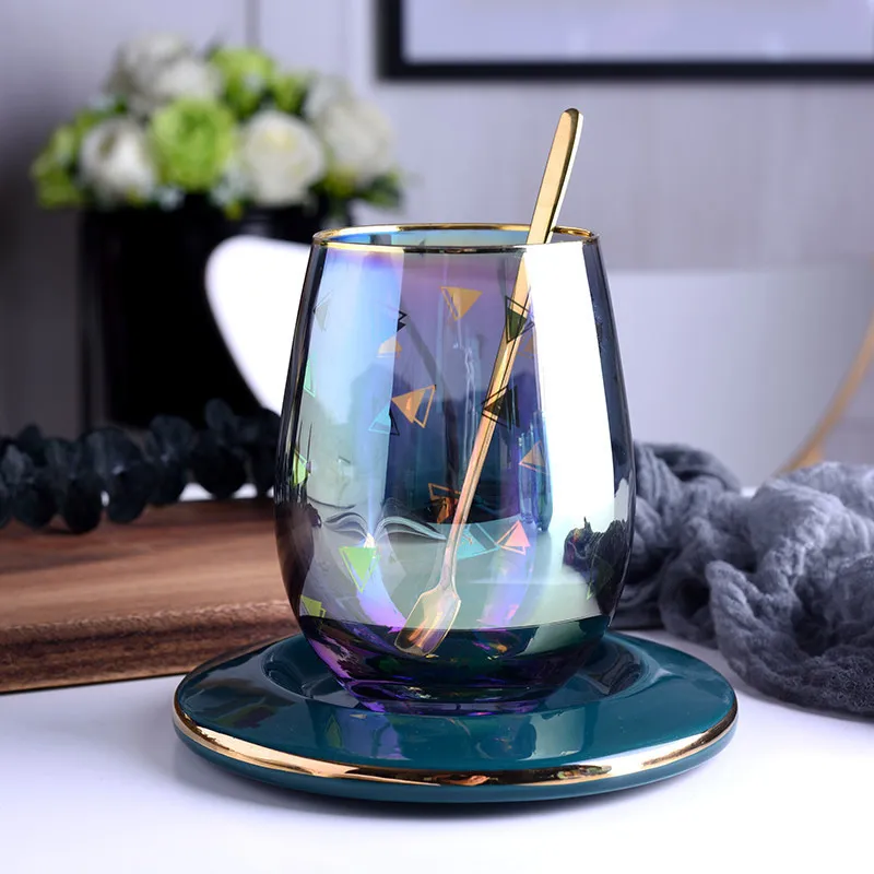 

Light luxury high borosilicate glass high temperature resistant tea cup colorful juice cup Phnom Penh cup and saucer set