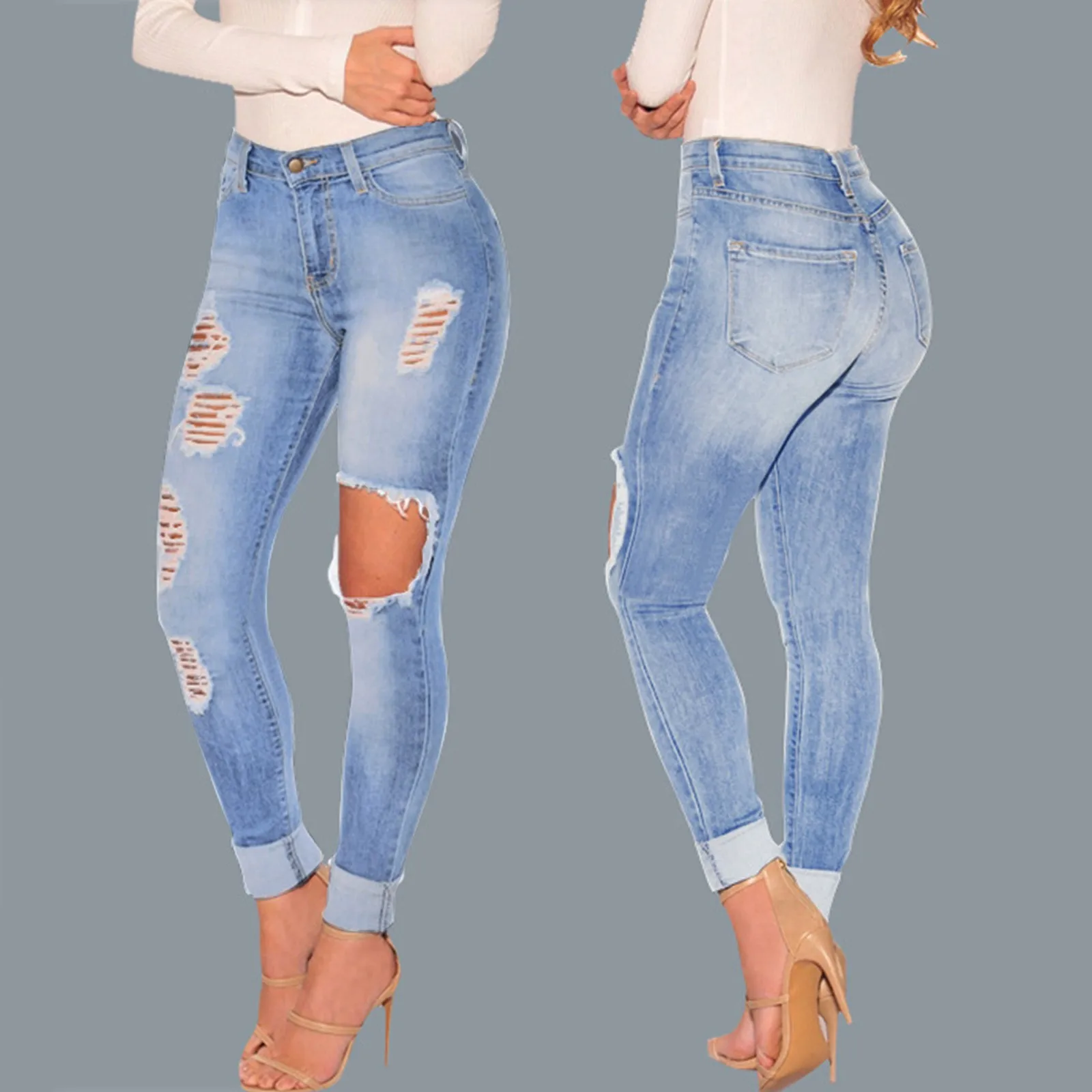 

High Waisted Ripped Jeans For Women Butt Lift Distressed Stretch Juniors Straight Skinny Jeans Pencil Pants Trousers Streetwear