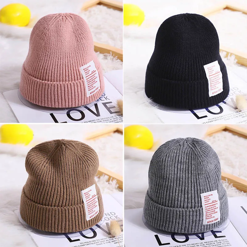 Warm Kids Winter Hats for Children Knitted Cap Solid Color Soft Crochet Boys Girls Beanie Hat