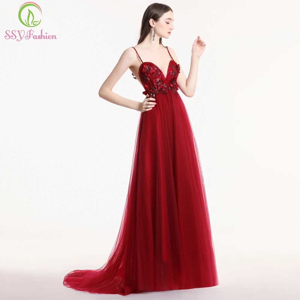SSYFashion/Новое пикантное платье для выпускного с v-образным вырезом и открытой спиной, без рукавов, винно-красного цвета, кружевной цветок, праздничный официальный вечерний наряд, подиумные платья